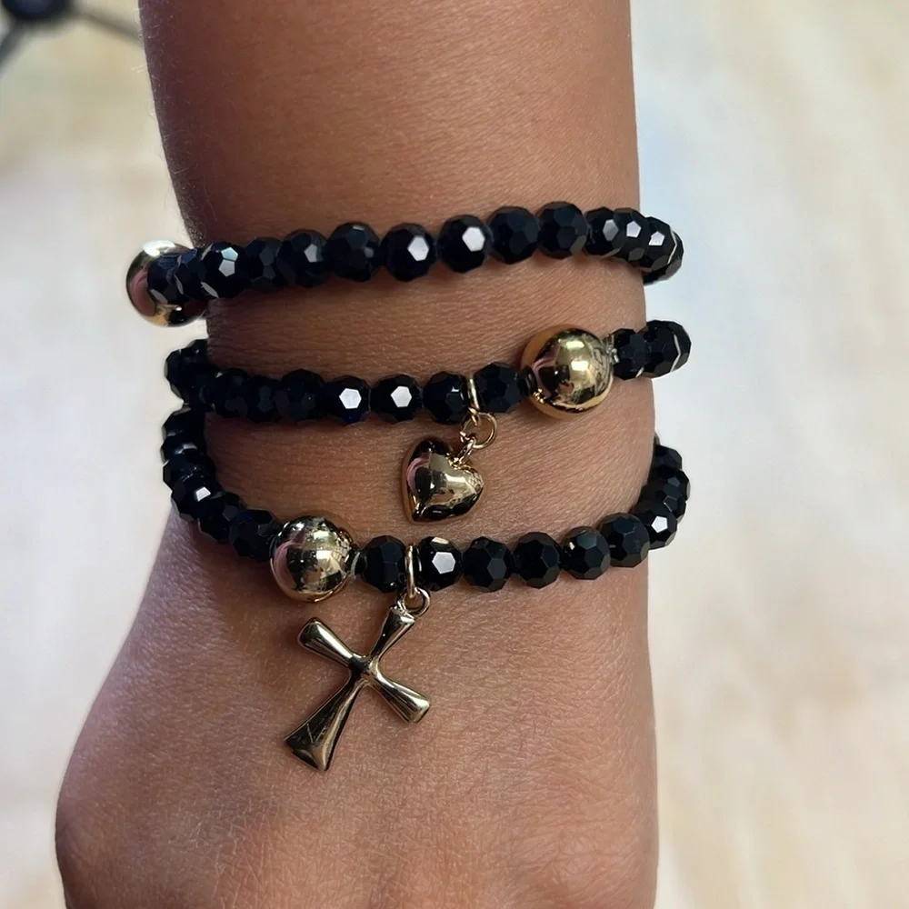 Set of 3 Black Spinel Bracelets with 18K Gold Plated Charms